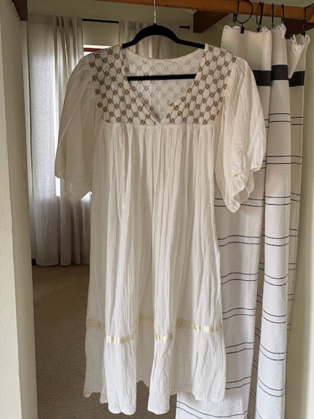 White Vintage Boho Midi Dress with Cream and Beige Details
